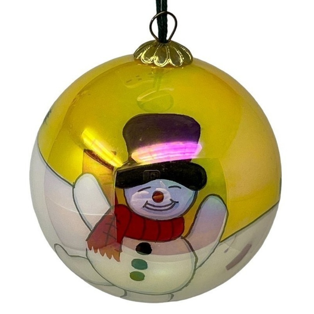 Vintage Snowman Ornament Reverse Painted Irredescent Yellow White Red Christmas